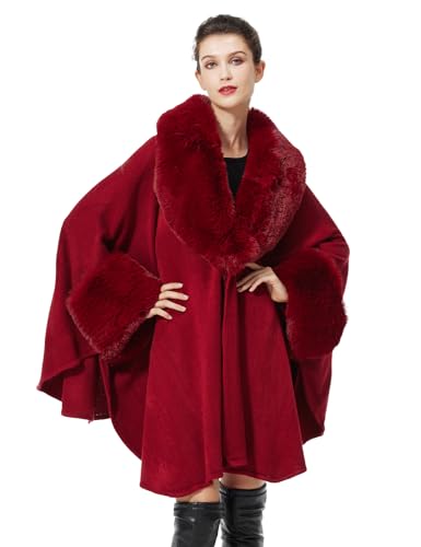 BEAUTELICATE Kunstpelz Poncho Stola Damen Umhang Cape Herbst Strickjacke Winter Mantel Mit Kunstfell Kragen Für Hochzeit Braut Abend S105 (Glatter Pelzkragen - Weinrot) von BEAUTELICATE