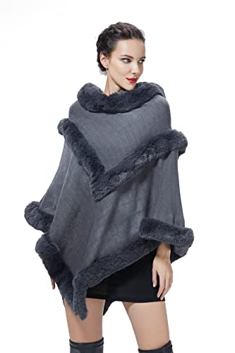 BEAUTELICATE Kunstpelz Poncho Umhang Damen Strick Cape Stola Mit Kunstfell Kragen Herbst Winter Lose Pullover (Dunkelgrau, Einheitsgröße) von BEAUTELICATE