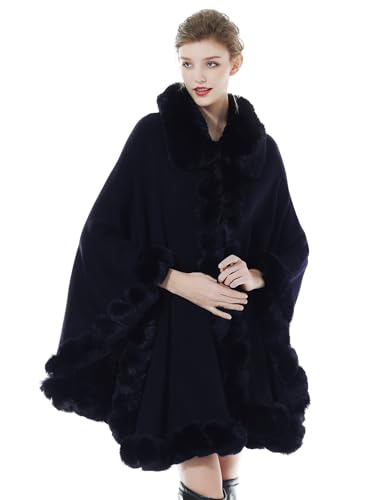 BEAUTELICATE Kunstpelz Poncho Cape Strick Damen Winter Kunstfell Schal Stola Cape Cardigan Warm mit Kragen für Hochzeit Zeremonie Festlich (Dunkelblau, Einheitsgröße) von BEAUTELICATE