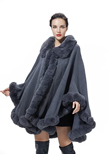 BEAUTELICATE Kunstpelz Poncho Cape Strick Damen Winter Kunstfell Schal Stola Cape Cardigan Warm mit Kragen für Hochzeit Zeremonie Festlich (Rauch Grau, Einheitsgröße) von BEAUTELICATE