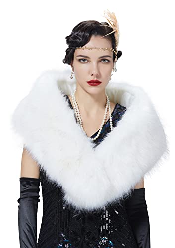 BEAUTELICATE Kunstpelz Schal Stola Bolero Damen Brautschal Wrap Jacke Mantel Winter Hochzeit Gatsby 1920er Jahre Kostüm (Weiß mit Loch, Einheitsgröße) von BEAUTELICATE