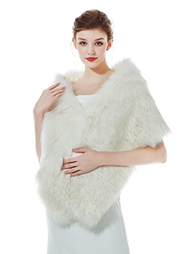 BEAUTELICATE Kunstpelz Schal Stola Damen Bolero Wrap Pelz Brautschal Brautstola Frauen für Hochzeit Braut Festlich (Langes Fell - Weißes Fell mit Brauner Spitze) von BEAUTELICATE