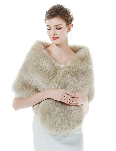 BEAUTELICATE Kunstpelz Stola Schal Damen Pelz Brautschal Brautstola Wrap Schwarz Elfenbein für Braut Winter Hochzeit Festival Weihnachten (Langes Fell - Beige) von BEAUTELICATE