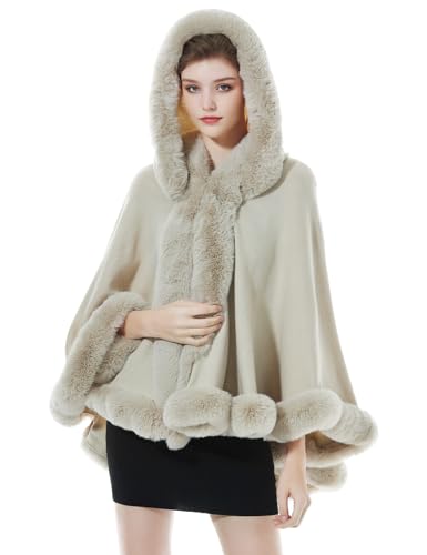 BEAUTELICATE Kunstpelz Stola Umhang Damen Poncho Cape Mit Kapuze Für Winter Hochzeit Abend Braut (Beige mit Pelzkragen,Einheitsgröße) von BEAUTELICATE