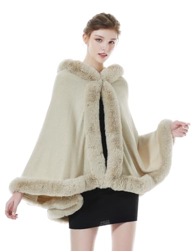 BEAUTELICATE Kunstpelz Stola Umhang Damen Poncho Cape Mit Kapuze Für Winter Hochzeit Abend Braut (Beige,Einheitsgröße) von BEAUTELICATE