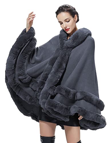 BEAUTELICATE Kunstpelz Umhang Poncho Damen Stola Braut Cape Mit Kapuze Für Winter Hochzeit Abend Party Schwarz Khaki Beige Rosa S113 (Dunkelgrau, Einheitsgröße) von BEAUTELICATE