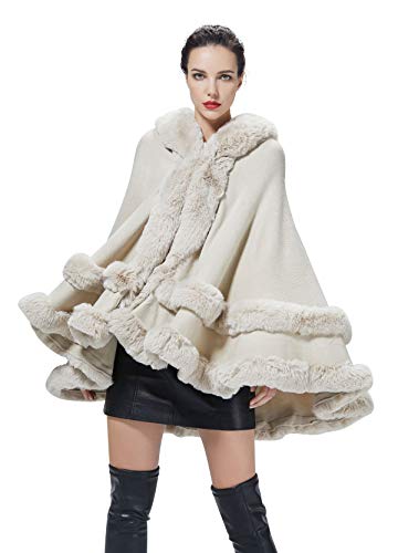 BEAUTELICATE Kunstpelz Umhang Poncho Damen Stola Braut Cape Mit Kapuze Für Winter Hochzeit Abend Party Schwarz Khaki Beige Rosa S113 von BEAUTELICATE