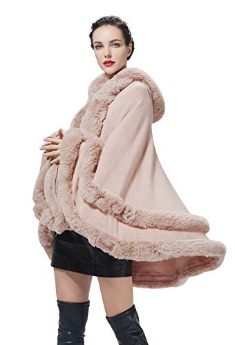 BEAUTELICATE Kunstpelz Umhang Poncho Damen Stola Braut Cape Mit Kapuze Für Winter Hochzeit Abend Party Schwarz Khaki Beige Rosa S113 von BEAUTELICATE