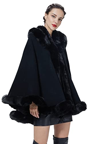 BEAUTELICATE Kunstpelz Stola Umhang Damen Poncho Cape Mit Kapuze Für Winter Hochzeit Abend Braut (Schwarz mit Pelzkragen,Einheitsgröße) von BEAUTELICATE