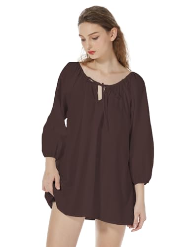 BEAUTELICATE Mittelalter Bluse Baumwolle mit 3/4 Arm Piratenhemd Bluse Lace-up Retro Oberteile Lockeres Damenbluse Pyjama Oberteil Renaissance Faschingkostüm,Braun,XXL von BEAUTELICATE