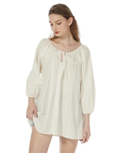 BEAUTELICATE Mittelalter Bluse Baumwolle mit 3/4 Arm Piratenhemd Bluse Lace-up Retro Oberteile Lockeres Damenbluse Pyjama Oberteil Renaissance Faschingkostüm Beige, S von BEAUTELICATE