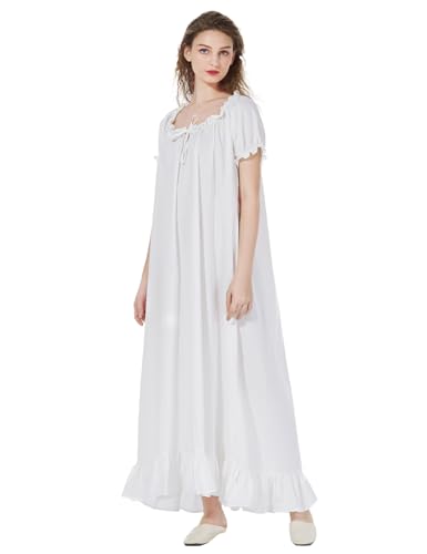 BEAUTELICATE Nachthemd Damen Baumwolle Kurzarm Viktorianisch Lang Nachtkleid Vintage Sommer Nachtwäsche Schlafanzug Elfenbein, M von BEAUTELICATE