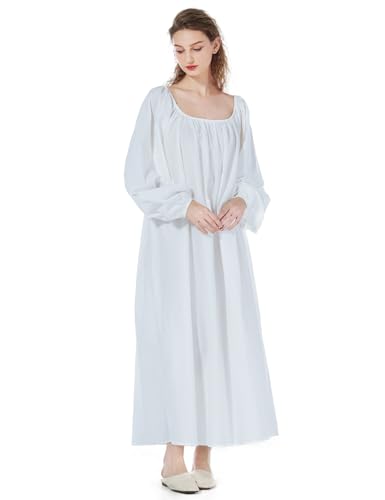 BEAUTELICATE Nachthemd Viktorianisch Damen Baumwolle Langarm Nachthemd Lange Vintage mit Laternenärmeln Sommer Nachtkleid Nachtwäsche Schlafanzug (Elfenbein, M) von BEAUTELICATE