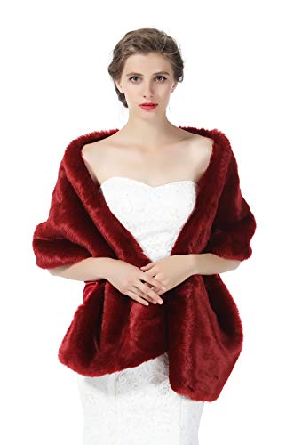 BEAUTELICATE Pelzimitat Schal Stola Bolero Damen Für Hochzeit Braut Brautjungfer Abendkleid Weihnachten Halloween Winter, Weinrot, Einheitsgröße von BEAUTELICATE