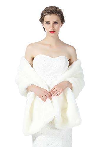 BEAUTELICATE Pelzimitat Schal Stola Bolero Damen Für Hochzeit Braut Brautjungfer Abendkleid Weihnachten Halloween Winter, Elfenbein, Einheitsgröße von BEAUTELICATE