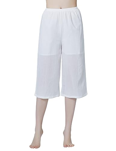 BEAUTELICATE Pettipants Schlafanzughose Krepp Baumwolle Hosenrock Pyjamahosen Freizeithose Für Damen Sommer Weite Culottes Hosen Mit Elastischer Taille Elfenbein (Elfenbein mit kurzem Futter, L) von BEAUTELICATE