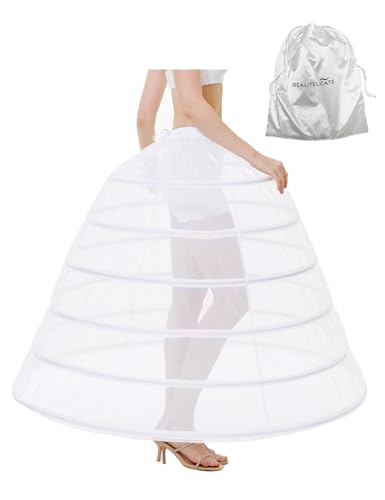 BEAUTELICATE Reifrock Brautkleid Damen Petticoat Unterrock Lang 6 Ringen Crinoline Rockabilly für Brautkleid Ballkleid Hochzeit Halloween Carneval Weiß, 38-42 von BEAUTELICATE