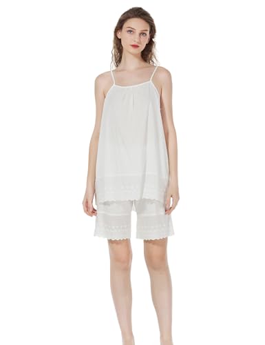 BEAUTELICATE Schlafanzug Damen Baumwolle Kurz Vintage Pyjama Set Ärmellos Sommer Nachtwäsche mit Spaghettiträger Sleepwear S-XXL (Elfenbein,L) von BEAUTELICATE