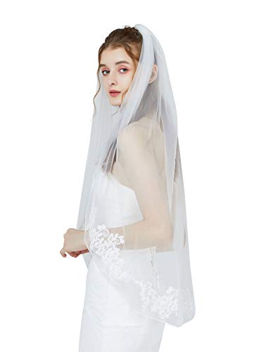 BEAUTELICATE Schleier Brautschleier Spitzenborte für Braut Hochzeit Softtüll Weiß Ivory Fingerspitzen Länge mit Metall Kamm Kurbelkante 1 Schicht (Weiß, Länge: 100 cm * Weite: 130 cm) von BEAUTELICATE