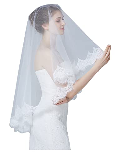 BEAUTELICATE Schleier Lang Brautschleier Mantilla Wimpern Spitzenborte für Braut Hochzeit Rohes Weiß Elfenbein Walzer Kathedralen 1 Schicht, Aus Weiß - Walzerlänge von BEAUTELICATE