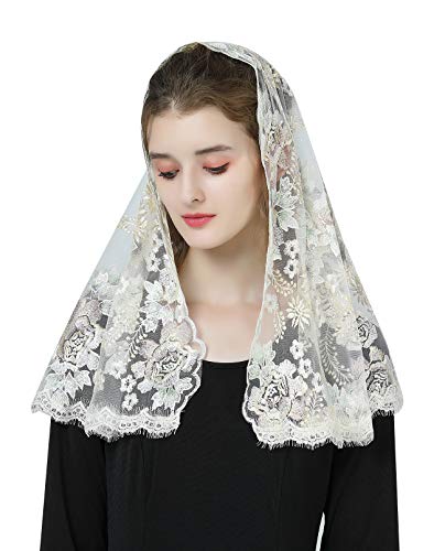 BEAUTELICATE Spitze Mantilla Schal Schleier Tüll Stola Golden Champagner Für Damen Kirche Messe Kapelle Katholisch Braut V116 (Mischfarbe Blumenstickerei - D Form) von BEAUTELICATE