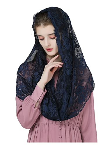 BEAUTELICATE Spitze Mantilla Schal Schleier Tüll Stola Schwarz Blau Für Damen Kirche Messe Kapelle Katholisch Braut V115 (Unendlich Form - Navy Blau) von BEAUTELICATE