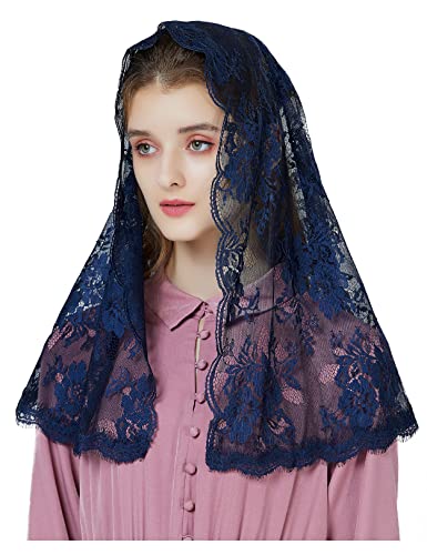 BEAUTELICATE Spitze Mantilla Schal Schleier Tüll Stola Schwarz Blau Für Damen Kirche Messe Kapelle Katholisch Braut V115 (D Form - Navy Blau) von BEAUTELICATE