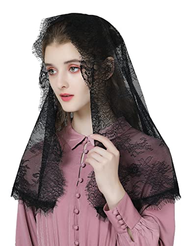 BEAUTELICATE Spitze Mantilla Schal Schleier Tüll Stola Schwarz Blau Für Damen Kirche Messe Kapelle Katholisch Braut V115 (D Form - Schwarz) von BEAUTELICATE