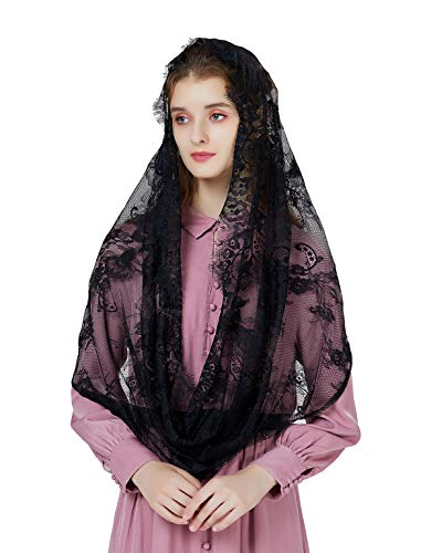 BEAUTELICATE Mantilla Katholisch Damen Spitze Schal Schleier Kopftuch Stola Schwarz Weiß für Kirche Mass Latein Kapelle Braut Trauer V101, Schwarz von BEAUTELICATE
