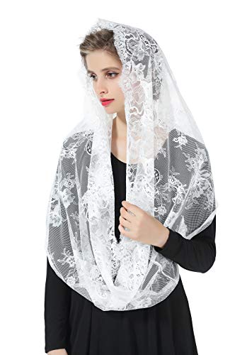 BEAUTELICATE Mantilla Katholisch Damen Spitze Schal Schleier Kopftuch Stola Schwarz Weiß für Kirche Mass Latein Kapelle Braut Trauer V101, Weiß von BEAUTELICATE