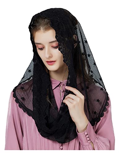 BEAUTELICATE Damen Mantilla Katholisch Schleier Spitze Kapelle Schal Stola Kopfbedeckung Spitze Schwarz Weiß für Katholischen Kirche Latin Mass kirchliche Hochzeit Braut V104 Schwarz von BEAUTELICATE