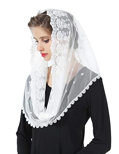 BEAUTELICATE Damen Mantilla Katholisch Schleier Spitze Kapelle Schal Stola Kopfbedeckung Spitze Schwarz Weiß für Katholischen Kirche Latin Mass kirchliche Hochzeit Braut V104 Weiß von BEAUTELICATE