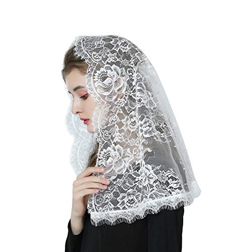 BEAUTELICATE Damen Mantilla Schleier Spitze Kapelle Katholisch Schleier Schal Stola Kopfbedeckung Spitze Schwarz Weiß für Katholischen Kirche Latin Mass kirchliche Hochzeit Braut V114 Weiß von BEAUTELICATE