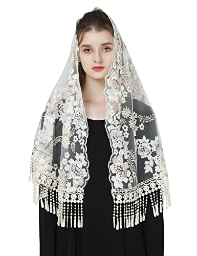 BEAUTELICATE Mantilla Spitzen Katholisch Schal Schleier Stola mit Quaste Schwarz Weiß für Damen Messe Latein Kapelle Kirchliche Hochzeit V118 von BEAUTELICATE