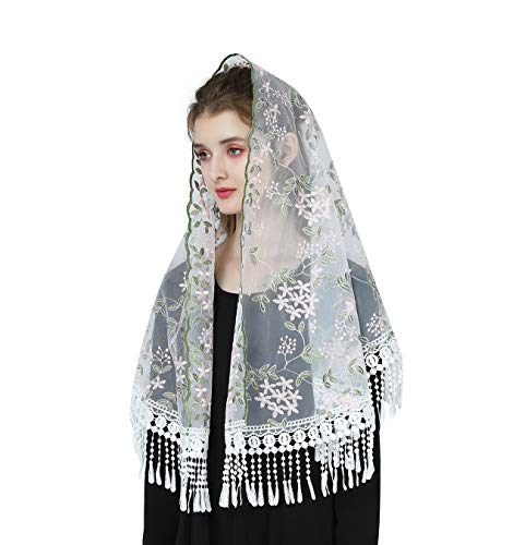 BEAUTELICATE Mantilla Spitzen Katholisch Schal Schleier Stola mit Quaste Schwarz Weiß für Damen Messe Latein Kapelle Kirchliche Hochzeit V118 von BEAUTELICATE