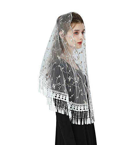 BEAUTELICATE Mantilla Spitzen Katholisch Schal Schleier Stola mit Quaste Schwarz Weiß für Damen Messe Latein Kapelle Kirchliche Hochzeit V118 von BEAUTELICATE