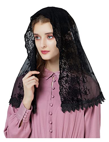 BEAUTELICATE Damen Mantilla Katholisch Schleier Spitze Kapelle Schleier Schal Stola Kopfbedeckung Kopftuch Schwarz Weiß für Katholischen Kirche Latin Mass kirchliche Hochzeit Braut V99 Schwarz von BEAUTELICATE