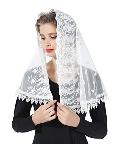 BEAUTELICATE Damen Mantilla Katholisch Schleier Spitze Kapelle Schleier Schal Stola Kopfbedeckung Kopftuch Schwarz Weiß für Latin Mass kirchliche Hochzeit Braut V99 Weiß von BEAUTELICATE