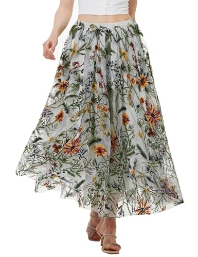BEAUTELICATE Tüllrock Damen Lang Elegant Midirock A-Linie Vintage Blume Gestickte Faltenrock Hohe Taille Sommerrock mit Futter Salbeigrün, XXL von BEAUTELICATE