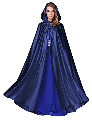 BEAUTELICATE Umhang Damen mit Kapuze Satin Cape Mantel Lang für Hochzeit Brautkleid Fasching Halloween Kostüm Mittelalter Robe Vampir Hexen (Navy Blau, Einheitsgröße) von BEAUTELICATE