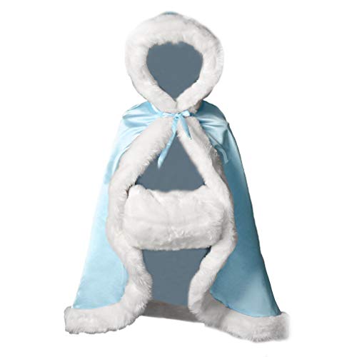 BEAUTELICATE Umhang Cape mit Kapuze Kinder Mantel Kunstpelz Mädchen Warm für Winter Hochzeit Halloween Weihnachten Blumenmädchen Karneval Kostüm (Hellblau, 3-5 Jahre (71cm Länge)) von BEAUTELICATE