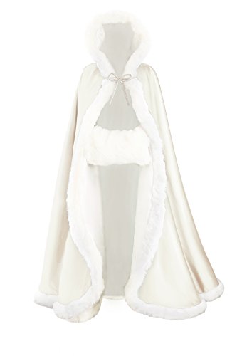 BEAUTELICATE Umhang Damen Mit Kapuze Cape Hochzeit Braut Winter Mit Pelzbesatz in Voller Länge Mehrere Farben FREIER Hand MUFF, Ivory, Länge:127cm(50) von BEAUTELICATE