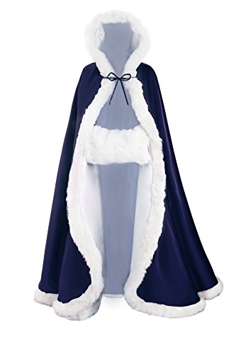 BEAUTELICATE Umhang Damen Mit Kapuze Cape Hochzeit Braut Winter Mit Pelzbesatz in Voller Länge Mehrere Farben FREIER Hand MUFF, Länge:127cm(50), Navy Blue von BEAUTELICATE
