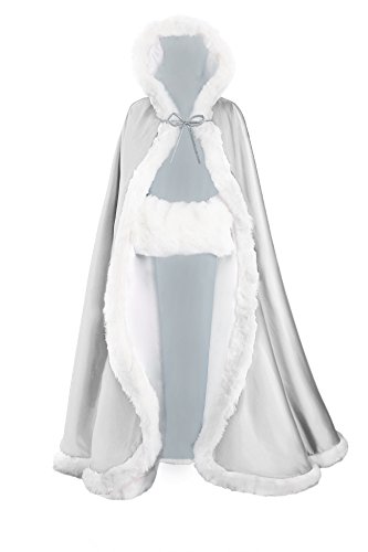 BEAUTELICATE Umhang Damen Mit Kapuze Cape Hochzeit Braut Winter Mit Pelzbesatz in Voller Länge Mehrere Farben FREIER Hand MUFF, Länge:140cm(55), Silver von BEAUTELICATE