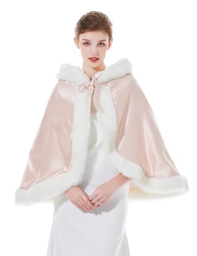 BEAUTELICATE Umhang Damen Mit Kapuze Cape Hochzeit Braut Winter Poncho Mit Pelzbesatz in Voller Mehrere Farben Kostenlos Handschuhe (Rosa,Einheitsgröße) von BEAUTELICATE