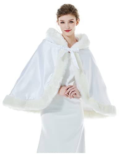 BEAUTELICATE Umhang Damen Mit Kapuze Cape Hochzeit Braut Winter Poncho Mit Pelzbesatz in Voller Mehrere Farben Kostenlos Handschuhe (Weiß,Einheitsgröße) von BEAUTELICATE