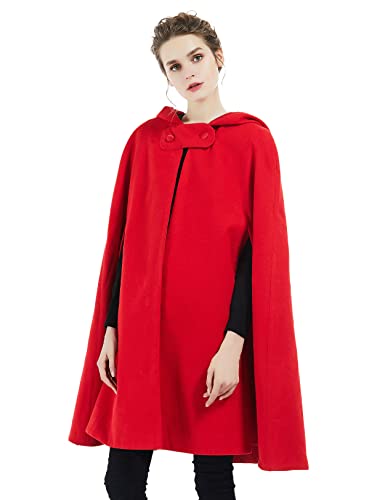 BEAUTELICATE Umhang mit Kapuze Mantel Wollmischung Damen Poncho Cape Lose Trenchcoat Outwear Hochzeit Herbst Winter Halloween Weihnachten (Rot - Halbe Länge 90cm, Einheitsgröße) von BEAUTELICATE