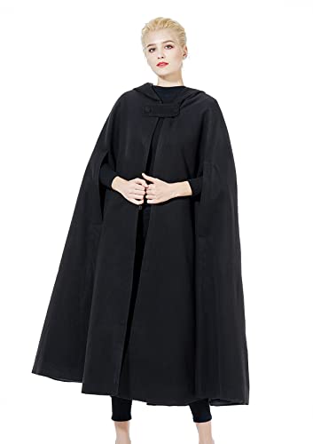 BEAUTELICATE Umhang mit Kapuze Mantel Wollmischung Damen Poncho Cape Lose Trenchcoat Outwear Hochzeit Herbst Winter Halloween Weihnachten (Schwarz - Voller Länge 127cm, Einheitsgröße) von BEAUTELICATE