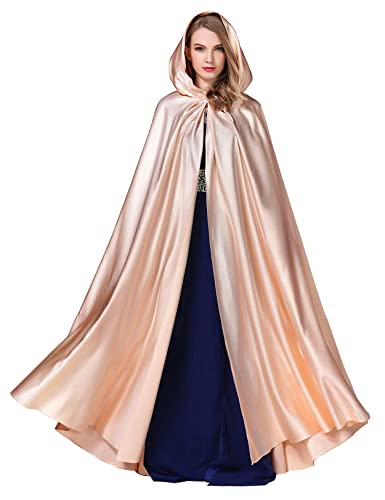 BEAUTELICATE Umhang Damen mit Kapuze Satin Cape Mantel Lang für Hochzeit Brautkleid Fasching Halloween Kostüm Mittelalter Robe Vampir Hexen (Roségold, Einheitsgröße) von BEAUTELICATE