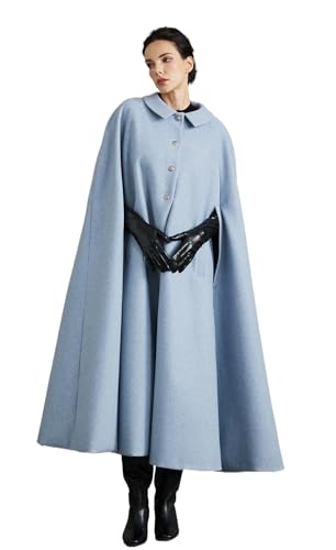 BEAUTELICATE Umhang Mantel Damen Wollmischung Poncho Cape Wintermantel Lang Bubikragen Winddicht Mantel mit Taschen Herbst Winter für Hochzeit Weihnachten Festliche (Hellblau,S) von BEAUTELICATE